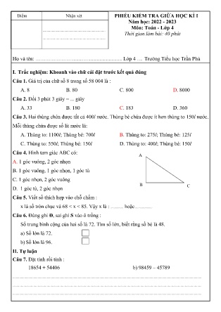 Phiếu kiểm tra Giữa học kì I môn Toán Lớp 4 Trường TH Trần Phú - Năm học 2022-2023 (Có hướng dẫn chấm + Ma trận)