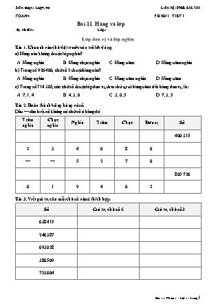 Phiếu Bài tập hằng ngày Toán Lớp 4 - Bài 11. Hàng và lớp - Kết nối tri thức (Năm học 2026-2027)