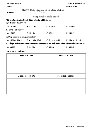 Phiếu Bài tập hằng ngày Toán Lớp 4 - Bài 22. Phép cộng các số có nhiều chữ số - Kết nối tri thức (Năm học 2026-2027)