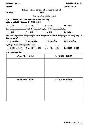 Phiếu Bài tập hằng ngày Toán Lớp 4 - Bài 23. Phép trừ các số có nhiều chữ số - Kết nối tri thức (Năm học 2026-2027)