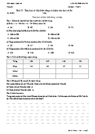 Phiếu Bài tập hằng ngày Toán Lớp 4 - Bài 25. Tìm hai số khi biết tổng và hiệu của hai số đó - Kết nối tri thức (Năm học 2026-2027)