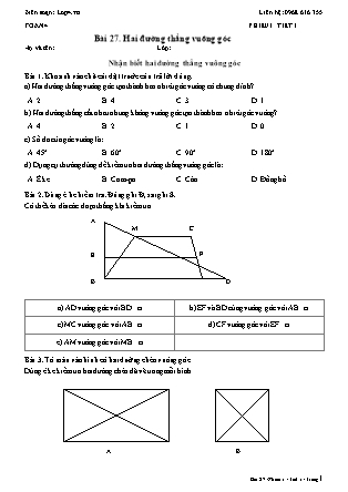Phiếu Bài tập hằng ngày Toán Lớp 4 - Bài 27. Hai đường thẳng vuông góc - Kết nối tri thức (Năm học 2026-2027)