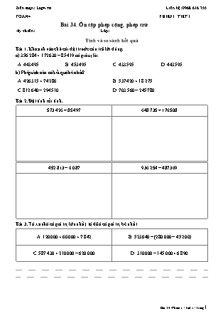 Phiếu Bài tập hằng ngày Toán Lớp 4 - Bài 34. Ôn tập phép cộng, phép trừ - Kết nối tri thức (Năm học 2026-2027)