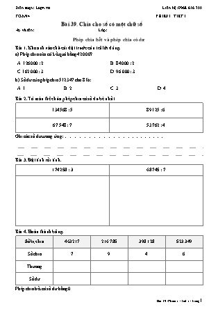 Phiếu Bài tập hằng ngày Toán Lớp 4 - Bài 39. Chia cho số có một chữ số - Kết nối tri thức (Năm học 2026-2027)