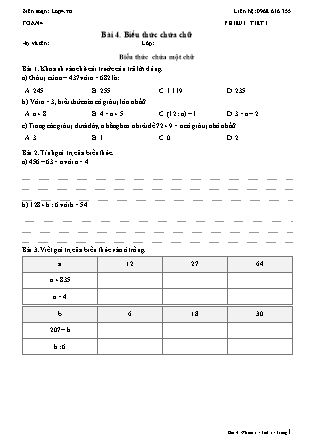 Phiếu Bài tập hằng ngày Toán Lớp 4 - Bài 4. Biểu thức chứa chữ - Kết nối tri thức (Năm học 2026-2027)