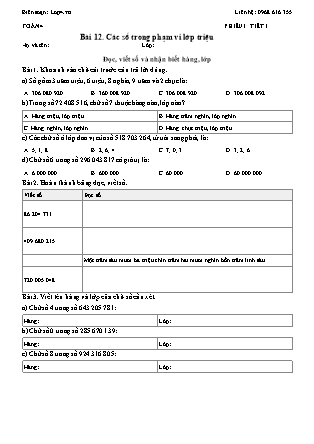 Phiếu Bài tập hằng ngày Toán Lớp 4 - Bài 12. Các số trong phạm vi lớp triệu - Kết nối tri thức (Năm học 2026-2027)