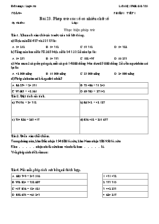 Phiếu Bài tập hằng ngày Toán Lớp 4 - Bài 23. Phép trừ các số có nhiều chữ số - Kết nối tri thức (Năm học 2026-2027)